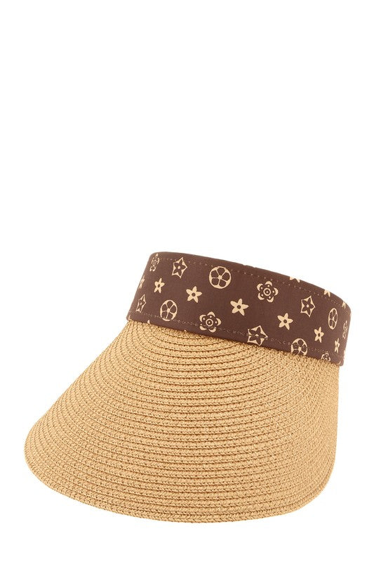 Brown Geometric Pattern Decorated Straw Visor